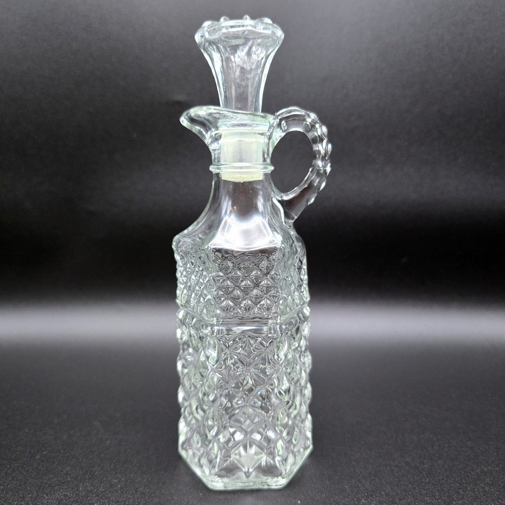 Vintage Clear Pressed Glass Cruet Bottle with Stopper Diamond Pattern Hexagon